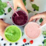 3 brightly colored fruit smoothies without yogurt.