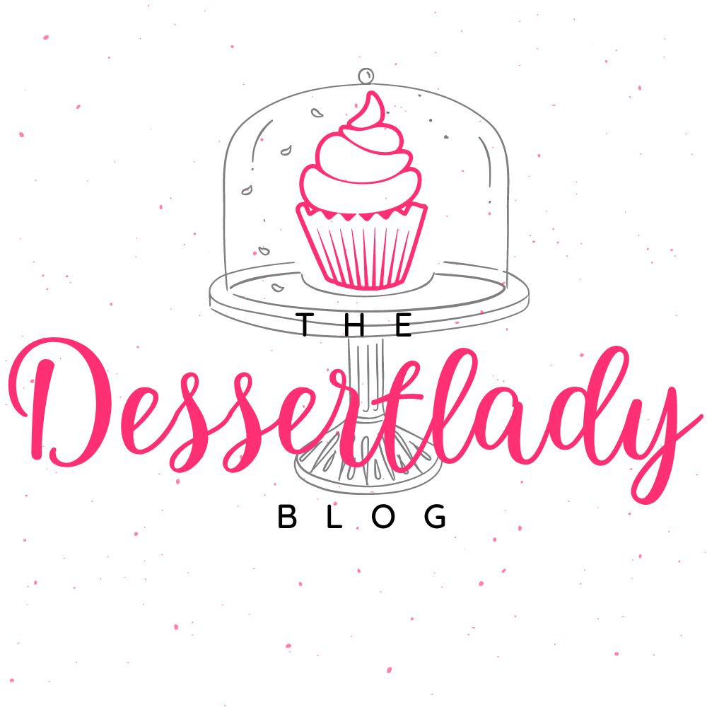 The blog square logo that says "the dessertlady blog" with a cake stand with a pink cupcake on it.